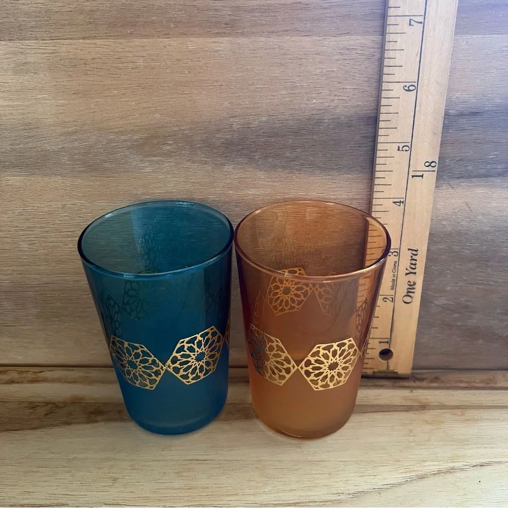 Set of 2 Tradicional Handmade Morrocan Tea Glasses Mandela Colored Gold & Blue